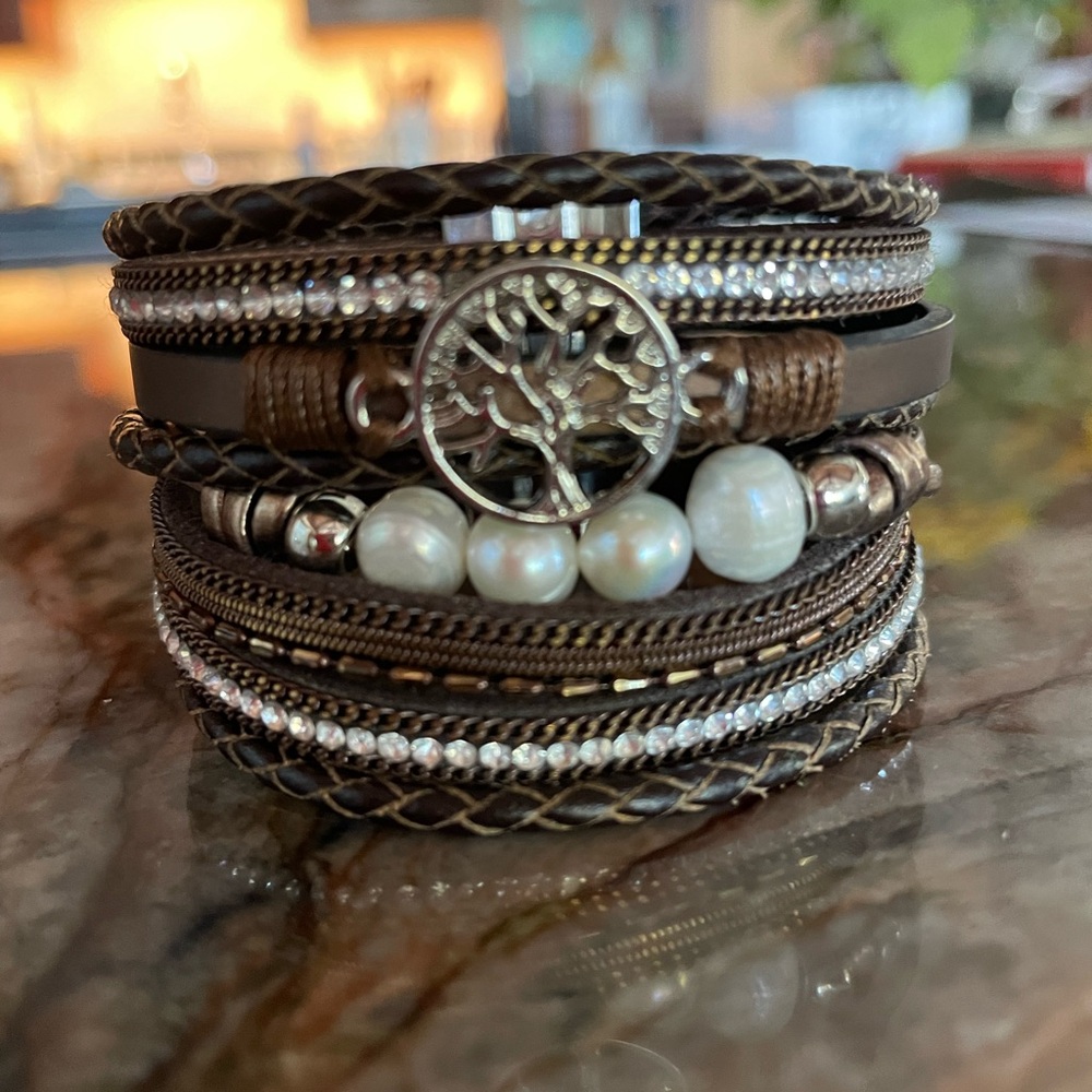 Brown and Silver Multi-Layered Bracelet with Tree Charm